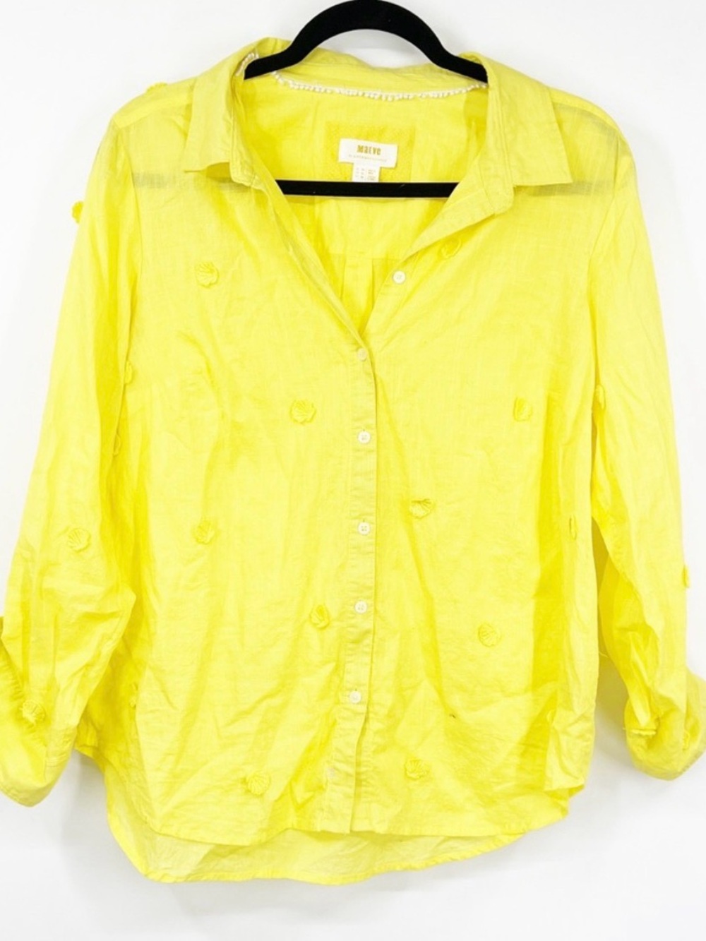 Maeve By Anthropologie Yellow Shell Embroidered Button Down Blouse